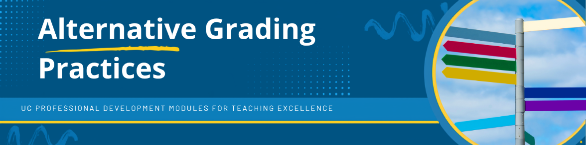 alternative grading practices text on blue background and a signpost photo at the right with various colors pointing different directions