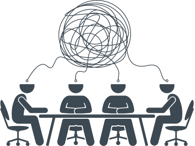graphic of seated silhouettes with lines coming out of their heads into a scribbly ball