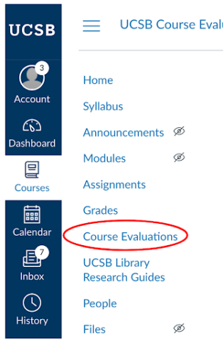 screenshot of navigation menu highlighting Course Evaluations