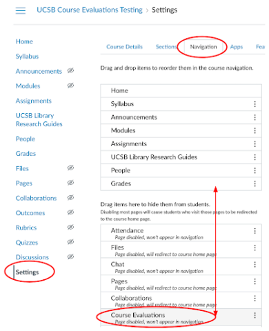 screenshot highlighting several menu options including Settings Navigation and Course Evaluations