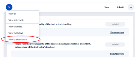 screenshot of a menu highlighting view customizable